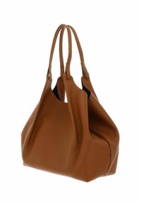 Bruine leren totebag met een zachte, gemarmerde oppervlakte, voorzien van twee handvatten en een gebogen silhouette. Open bovenkant voor gemakkelijke toegang.