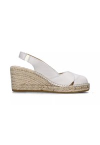 Sandali con zeppa di pelle bianca, design incrociato, punta aperta e una piattaforma in juta intrecciata, dotati di cinturino alla caviglia e cuciture minimali.
