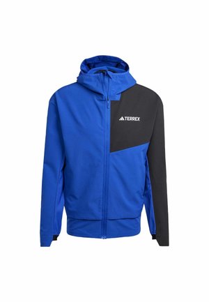 Blauwe hoodie-jack met een zwart accent op de bovenkant van de voorkant. Bevat een ritsluiting, elastische manchetten en een opvallend TERREX-logo.