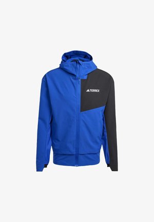Blauwe hoodie-jack met een zwart accent op de bovenkant van de voorkant. Bevat een ritsluiting, elastische manchetten en een opvallend TERREX-logo.