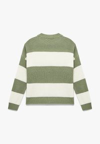 Grüner und weißer gestreifter Pullover mit strukturiertem Strick, runder Ausschnitt und langen Ärmeln, gestaltet mit abwechselnden Farbbanden.
