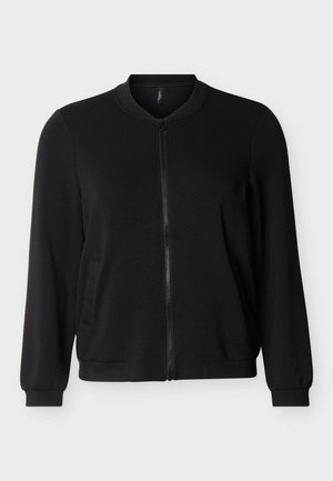 Μαύρο bomber μπουφάν με φερμουάρ, μακρυά μανίκια, ριμπ γιακά, μανσέτες και τελείωμα, εμφανίζεται σε ανοιχτό γκρι φόντο.