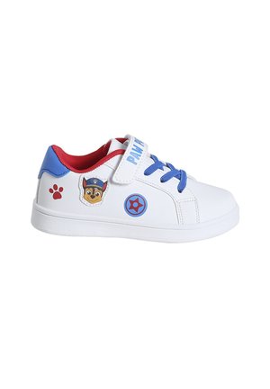 White children's sneaker with blue laces, red interior, velcro strap, and Paw Patrol character and paw print details.