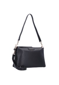 Borsa a tracolla nera in pelle con superficie texturizzata, cinturino regolabile e logo dorato sul davanti. Forma rettangolare con chiusura a zip.