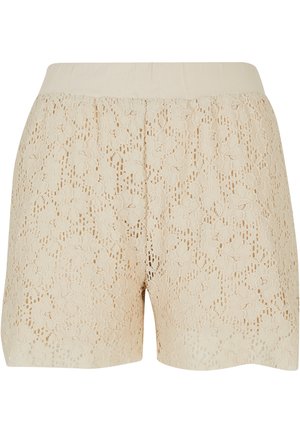 Beige lace shorts featuring a floral pattern, elastic waistband, and a loose fit. The material has a delicate, textured appearance.
