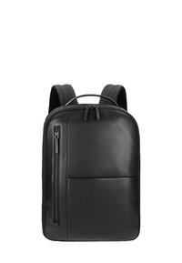 Zaino in pelle nera con spallacci regolabili, tasca frontale con zip e texture liscia. Caratterizzato da un design minimalista e hardware resistente.