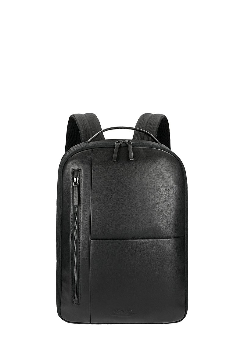 Zaino in pelle nera con spallacci regolabili, tasca frontale con zip e texture liscia. Caratterizzato da un design minimalista e hardware resistente.