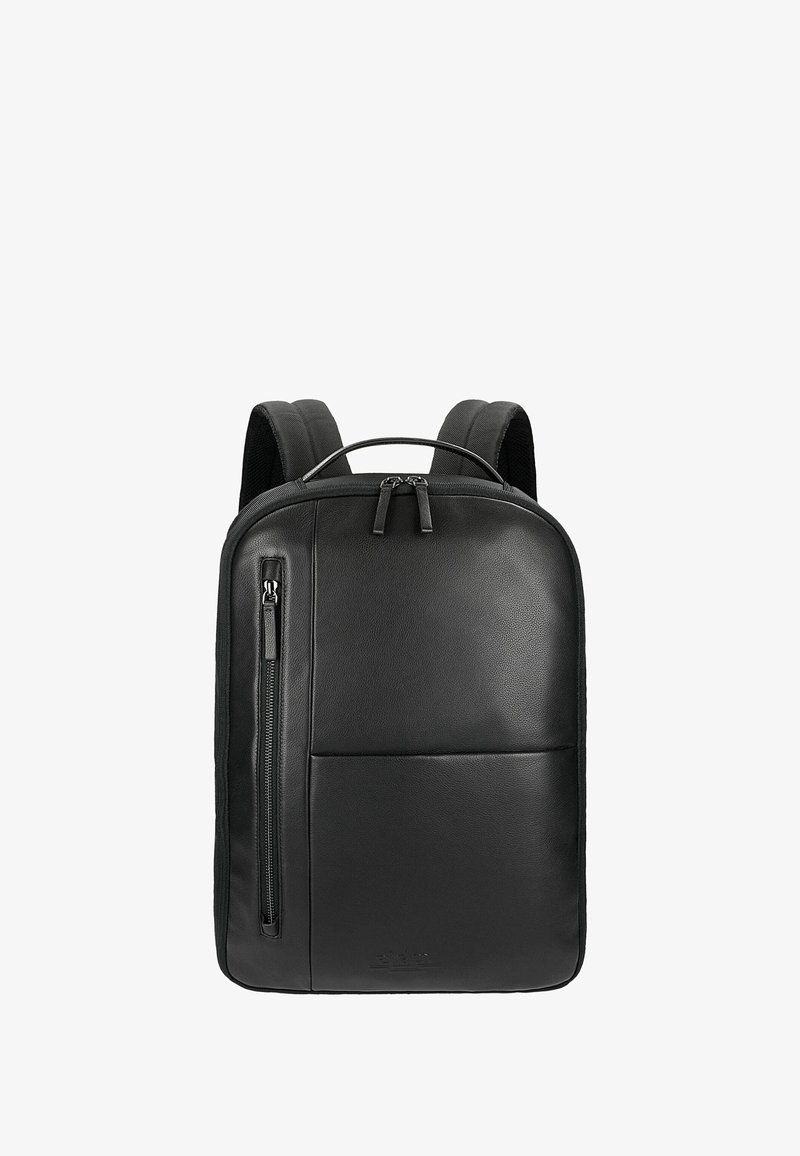 Zaino in pelle nera con spallacci regolabili, tasca frontale con zip e texture liscia. Caratterizzato da un design minimalista e hardware resistente.