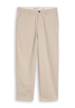 Pantaloni beige da uomo a gamba liscia con chiusura a bottone e zip, passanti per cintura e tasche laterali, taglia media, vestibilità comoda.