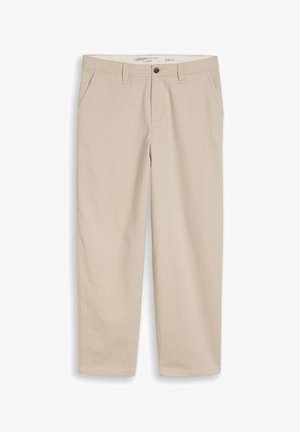Pantaloni beige da uomo a gamba liscia con chiusura a bottone e zip, passanti per cintura e tasche laterali, taglia media, vestibilità comoda.