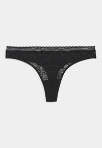 Zwarte kant thong met een bloemmotief, dunne zijkanten en een golfvormige elastische tailleband, met een zachte en doorzichtige textuur.