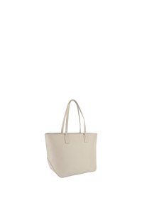Beige læder tote taske med præget blomster- og bogstavmønster, to solide håndtag og en struktureret rektangulær form.