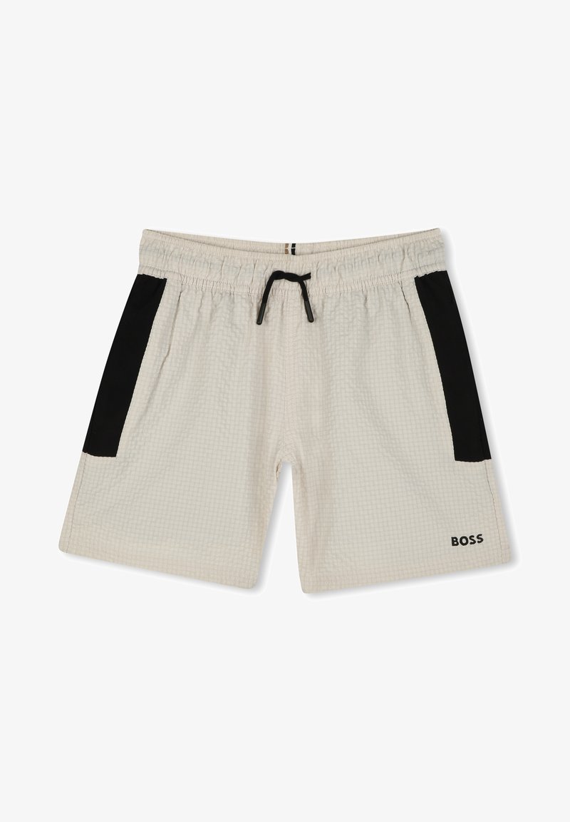 Vīriešu peldbikses gaiši bēšā tekstūrētā audumā ar melniem sānu paneļiem. Tām ir elastīga josta un aukliņa. "BOSS" logo apakšmalā.