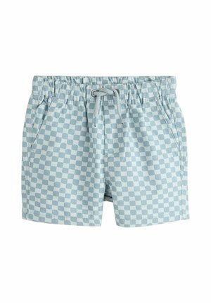 Niebiesko-białe, w kratkę, krótkie spodenki dla malucha z elastycznym pasem, sznurkiem do regulacji i bocznymi kieszeniami na białym tle.