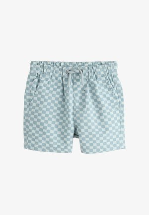 Niebiesko-białe, w kratkę, krótkie spodenki dla malucha z elastycznym pasem, sznurkiem do regulacji i bocznymi kieszeniami na białym tle.