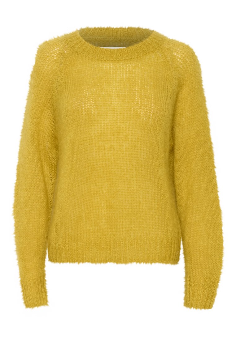 Gul stickad tröja med lös passform, rund halsringning, långa ärmar och en mjuk, fluffig textur. Lättviktig med en något genomskinlig look.