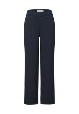 Pantalon large bleu marine avec des rayures verticales, une texture lisse, une taille élastique, et sans poches ni accessoires visibles.