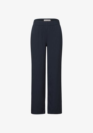 Navyblauwe wijde pantalon met verticale streepjes, een soepele textuur, elastische tailleband en geen zichtbare zakken of hardware.