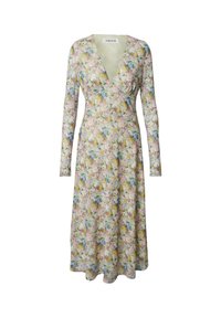 Blumenmuster-Kleid mit langen Ärmeln und tiefem V-Ausschnitt. Hergestellt aus einem leichten Stoff in Pastellfarben und mit einem fließenden A-Linien-Schnitt.