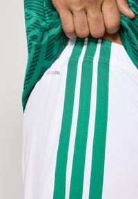 Top desportivo verde com padrão, combinado com calções brancos que apresentam três riscas verdes. Os materiais parecem leves, adequados para vestuário desportivo.