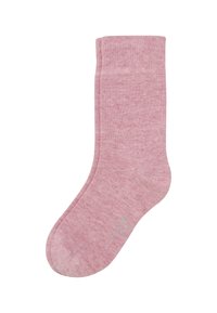 Rosa Baumwollmischsocke mit einer gesprenkelten Textur, bis zur Mitte der Wade, verstärkter Zehenbereich und glatter Bund. Einfaches Design ohne Muster.