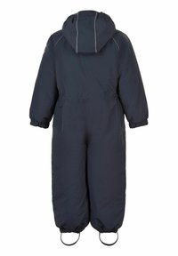 Marineblauwe gewatteerde overall met een capuchon, elastische manchetten en verstelbare enkellussen. Soepele textuur en minimalistisch ontwerp met reflecterende accenten.