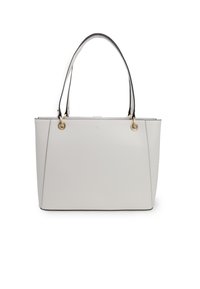 Borsa tote in pelle bianca liscia con una forma strutturata, dettagli neri sulle maniglie e accessori in metallo dorato. Presenta dettagli cuciti.