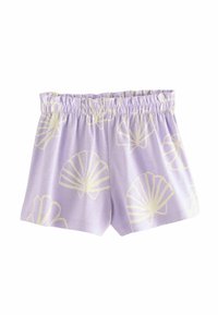 Lavendel Baumwollkurze mit elastischem Taillenbund, mit einem weißen Muschelmuster und einer weichen, glatten Textur. Geeignet für Freizeitkleidung.