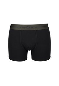Czarne bokserki wykonane z gładkiej tkaniny, z ciemnozielonym pasem w talii z napisem "LANCERTO" oraz profilowaną kieszenią.