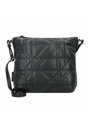 Sac à bandoulière en cuir noir matelassé avec une fermeture éclair, une sangle ajustable et une texture lisse avec des motifs de couture diagonaux.