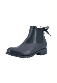 Stivaletto nero in pelle liscia, con pannelli laterali elastici, tacco piccolo e un fiocco decorativo sul retro. Suola in gomma texturizzata.