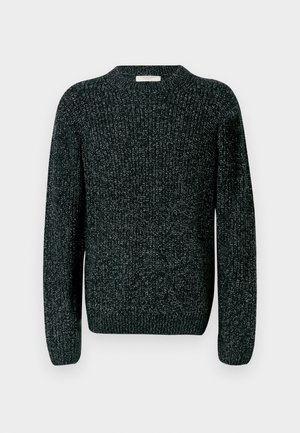 Sweater de malha escura com gola redonda, mangas longas e punhos canelados. O material apresenta um padrão texturizado com pequenas manchas claras por todo o lado.