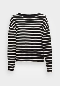 Černobílý proužkovaný svetr s dlouhými rukávy, širokým výstřihem a volným střihem. Pletená textura, zkrácená délka s žebrovanými detaily na manžetách.