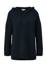 Dunkelblaues Kapuzensweatshirt mit lockerer Passform, geripptem Saum und Bündchen. Verfügt über eine Kängurutasche und verstellbare Kordeln an der Kapuze.