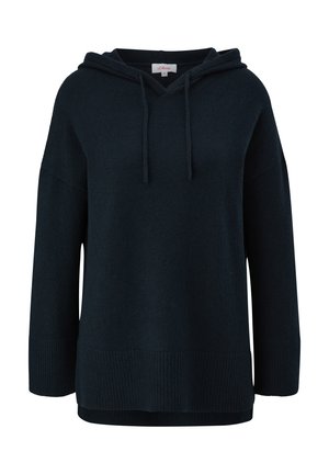 Donkerblauwe hoodie met een losse pasvorm, geribbelde onderrand en boorden. Voorzien van een kangoeroezak en verstelbare koordjes in de capuchon.