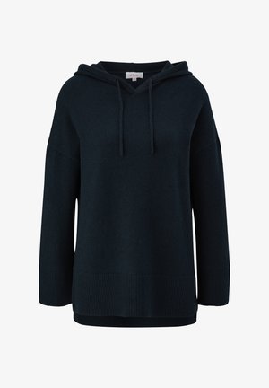 Donkerblauwe hoodie met een losse pasvorm, geribbelde onderrand en boorden. Voorzien van een kangoeroezak en verstelbare koordjes in de capuchon.
