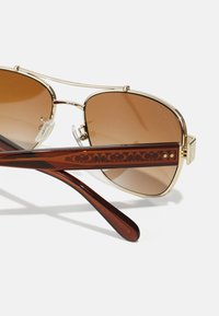 Lunettes de soleil teintées marron avec une monture en métal doré et un motif complexe sur la branche rouge foncé, dotées de plaquettes de nez en silicone transparent.
