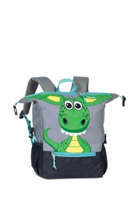 Grüner, drachen-inspirierter Rucksack mit grauem Körper, blauen Akzenten und einer Reißverschlusstasche. Auf der Vorderseite mit einem Design aus Cartoon-Augen und -Zähnen.