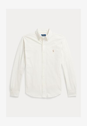 Weißes langärmeliges Hemd mit Knopfleiste und Kragen, mit Polo Ralph Lauren-Logo auf der linken Brustseite bestickt.