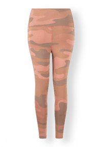Leggings con un motivo camouflage rosa, realizzati in un tessuto morbido e elasticizzato; design alta vita; e una texture liscia e opaca su tutta la superficie.