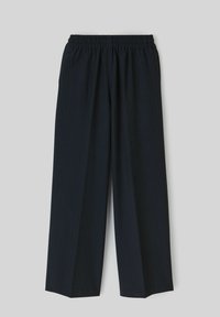 Pantalons larges à rayures marines avec taille élastique. Texture lisse, coupe droite et finition à la cheville. Tissu léger.