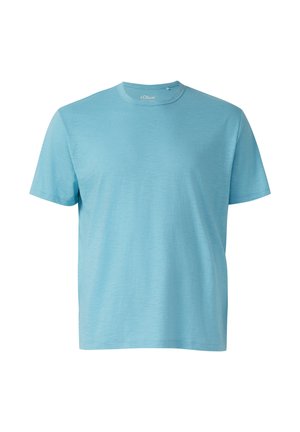 Hellblaues T-Shirt mit kurzen Ärmeln und Rundhalsausschnitt, weiche Textur, frontal auf weißem Hintergrund dargestellt.