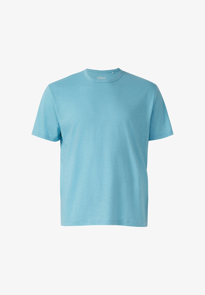 Hellblaues T-Shirt mit kurzen Ärmeln und Rundhalsausschnitt, weiche Textur, frontal auf weißem Hintergrund dargestellt.