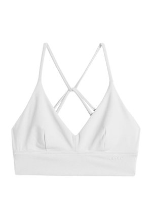 Weißer Bralette mit tiefem V-Ausschnitt, überkreuzten Trägern auf der Rückseite und einer glatten Textur. Mit dezentem Logo-Detail am Bündchen.
