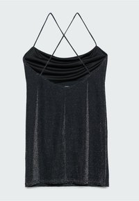 Robe mini noire sans manches scintillante avec un décolleté drapé et des fines bretelles croisées.