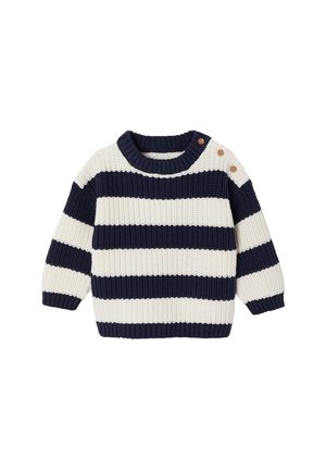 Knitted toddler sweater with navy and white horizontal stripes and three wooden buttons on the left shoulder.