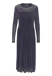 Mörkblå långärmad klänning med figursydd överdel, utställd plisserad kjol och en lätt lyster. Har en rund halsringning och transparenta ärmar.