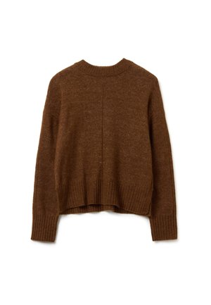 Pull en tricot marron avec un col rond, design court, poignets et ourlet côtelés, présentant une finition texturée lisse et un détail de couture au dos.