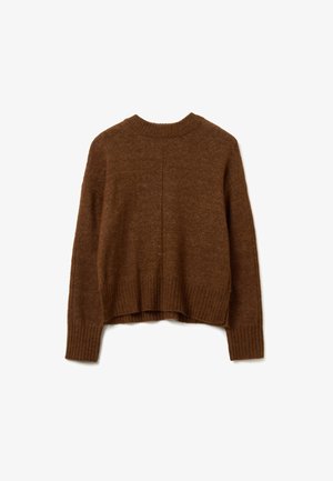 Pull en tricot marron avec un col rond, design court, poignets et ourlet côtelés, présentant une finition texturée lisse et un détail de couture au dos.