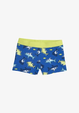 Shorts de bain bleus avec un motif de requin et de poissons, dotés d'une ceinture élastique verte claire. Confectionnés dans un tissu lisse et extensible.